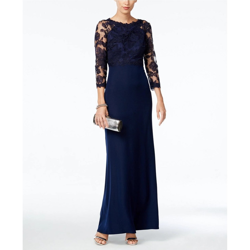 Tadashi Shoji Peony Floral Embroidered Stretch Crepe Gown Navy Blue 14P